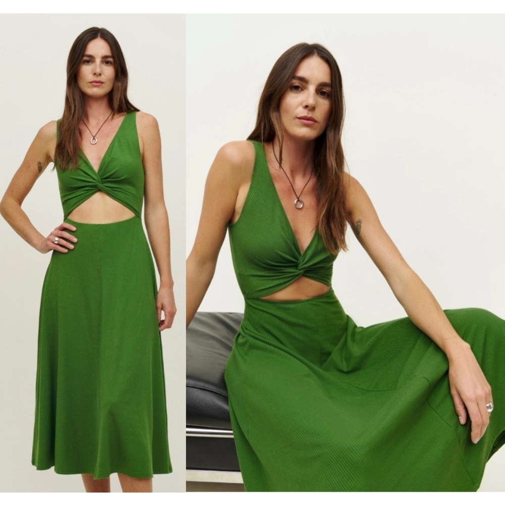 REFORMATION Bottle Green‎ Y2K Rib Knit Cutout Sleeveless Midi Dress Small